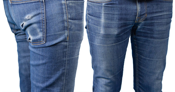 Raw denim jeans soaked before wear and later hand washed Raw denim jeans soaked before wear and later hand washed